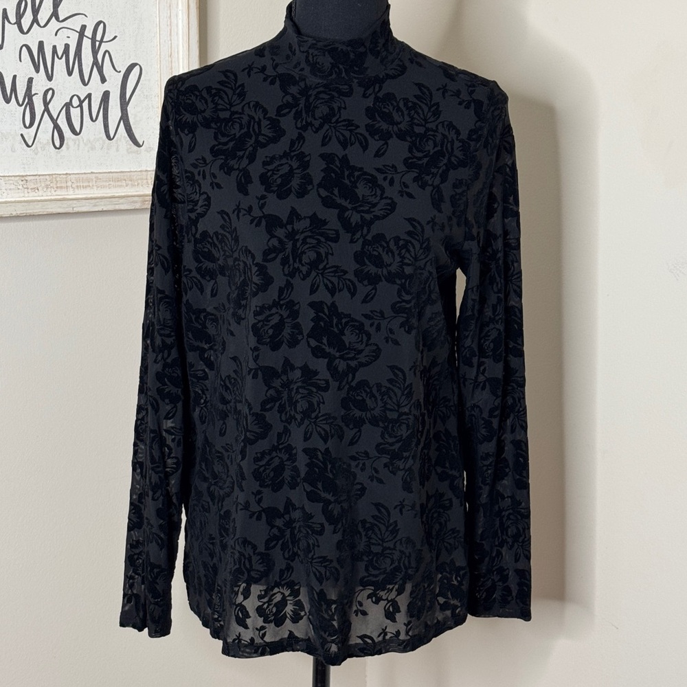 TORRID Flocked Mesh Mock Neck Long Sleeve Top Black Size 00/M-L